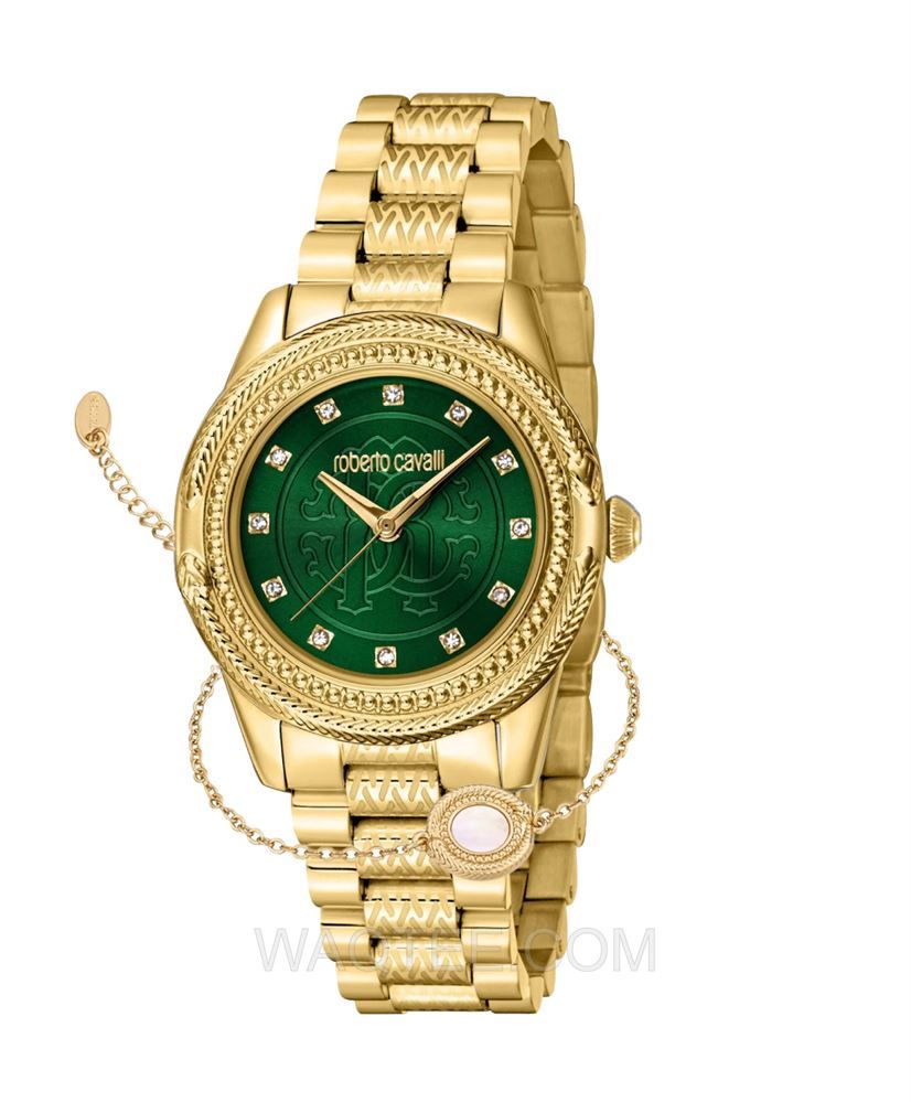 Roberto Cavalli Foggia Golden St. Steel Green Dial For Women | RC5L063M0065 | Watch | Watches | Gifts