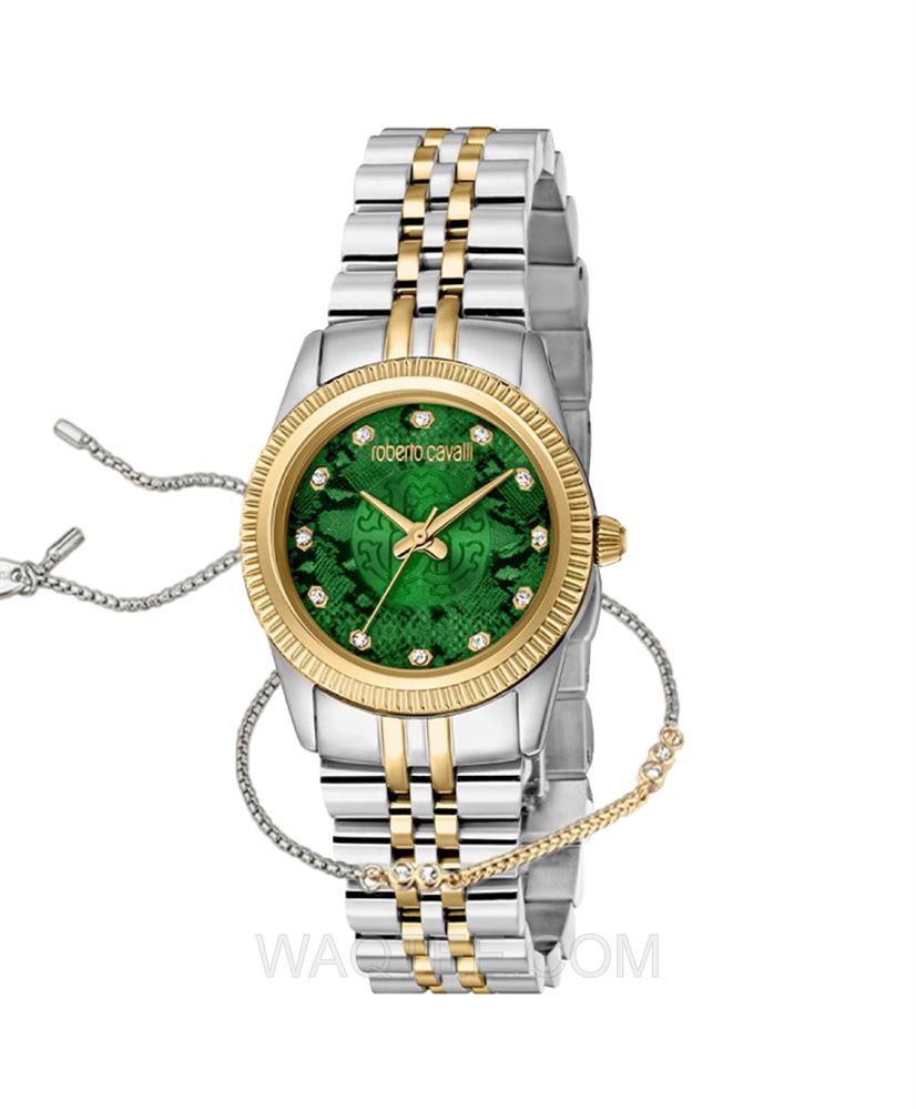 Roberto Cavalli Rima Silver & Golden St. Steel Green Dial For Women | RC5L074M0095 | ساعة يد | ساعات | هدايا