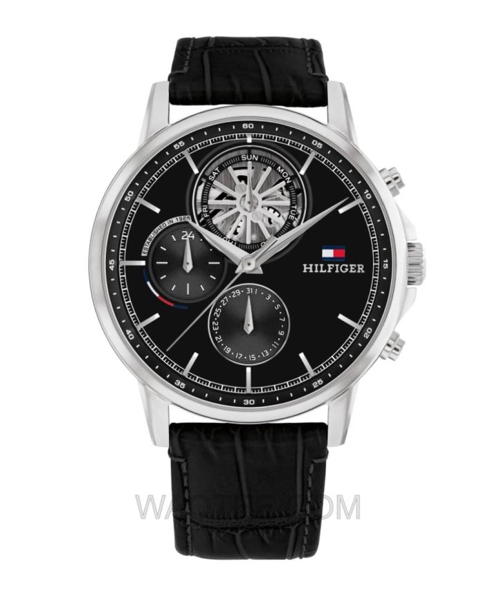 Tommy Hilfigher Stewart Black Leather Steel Black Dial For Men