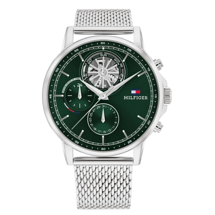 Tommy Hilfigher Stewart Silver Mesh St. Steel Green Dial For Men