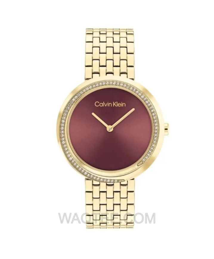 Calvin Klein Twisted Bezel Golden St. Steel Maroon Dial For Women