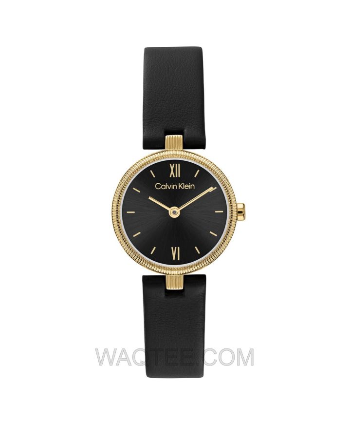 Calvin Klein Gleam Black Leather Black Dial For Women