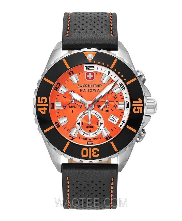 Swiss Military Hanowa Ambassador Chrono Black Leather Orange Dial For Men