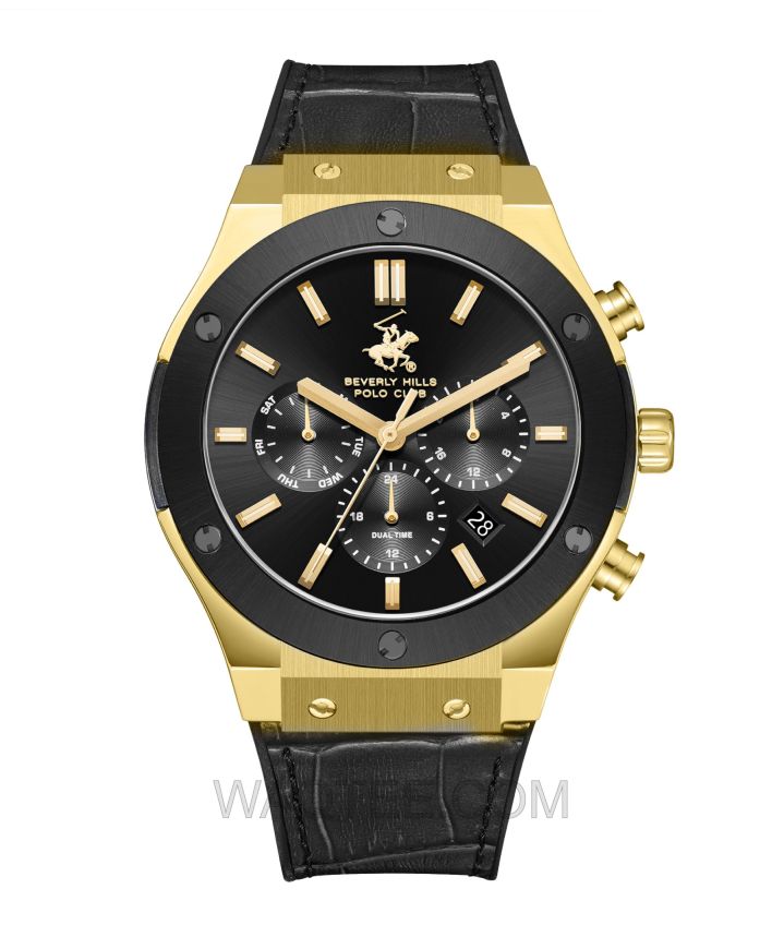 B.H. Polo Club Andreas Multifunction Black Rubber Golden Case Black Dial For Men