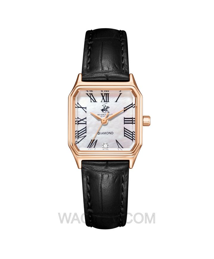 B.H. Polo Club Rosina Black Leather White MOP Dial For Women