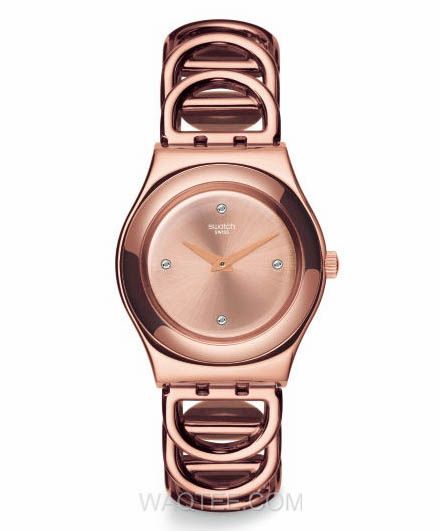 ساعة يد سواتش ( Irony ) بأسوار ستانلس ستيل ذهبي وميناء روز داكن نسائية