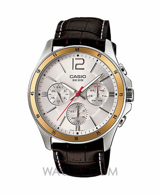 Casio Elegant Multifunction Brown Leather Silver Dial for Men 