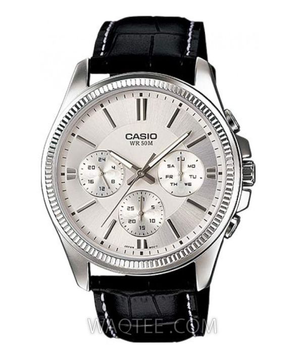 Casio Classic Multifunction Black Leather Silver Dial for Men 