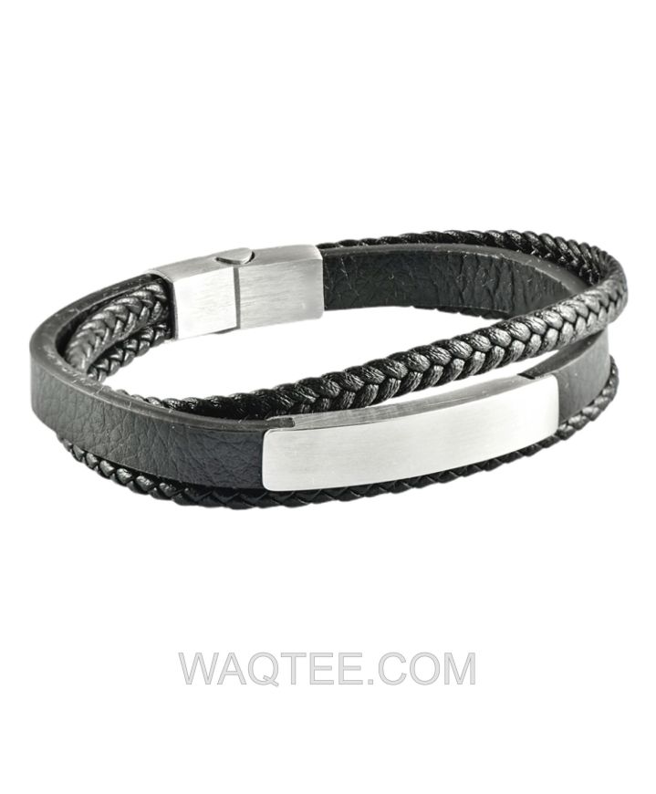 Lee Cooper Aether Black Leather & Silver St. Steel Bracelet For Men