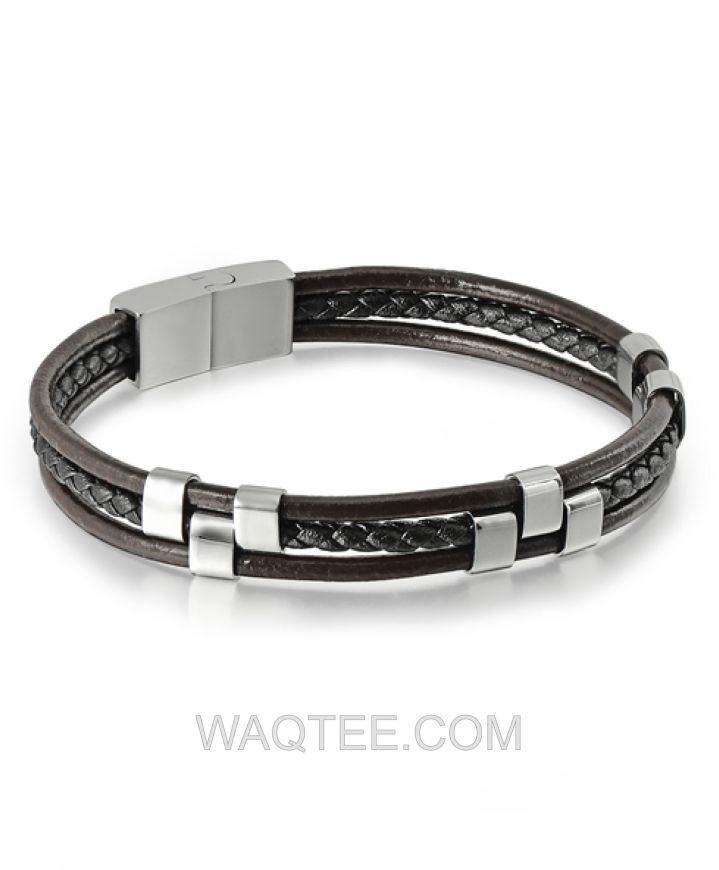 Lee Cooper Alaric Brown Leather & Silver St. Steel Bracelet For Men
