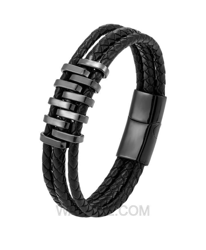 Lee Cooper Atlas Blck Leather Gun Metal St. Steel Bracelet For Men
