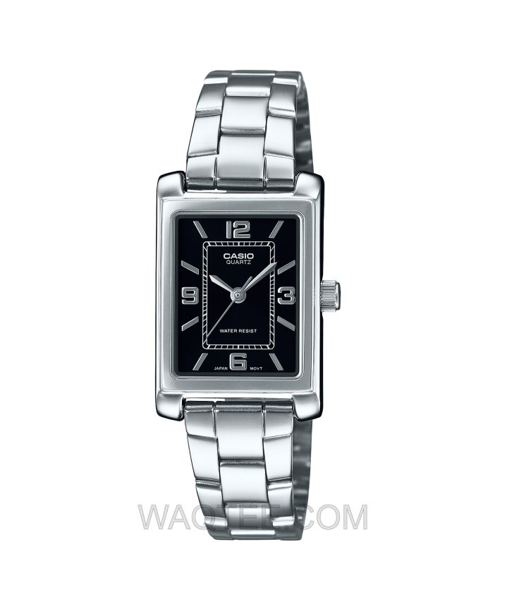 Casio Analog Rectangular Silver St. Steel Black Dial For Women