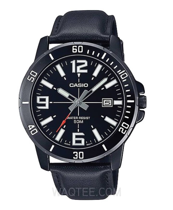 Casio Analog With Date Black Leather Black Dial for Men 