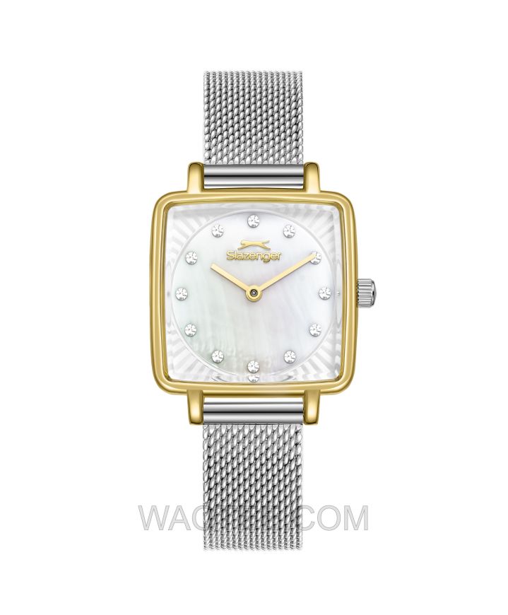 Slazenger Alma Silver & Golden Mesh St. Steel White MOP Dial For Women 