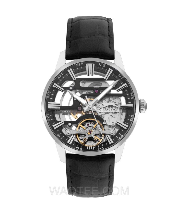 Slazenger Malcolm Automatic Black Leather Silver Dial For Men 