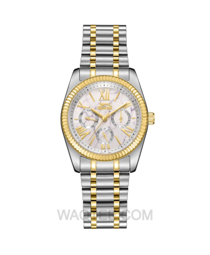 Slazenger Cressida Silver & Golden St. Steel White Marble Dial For Women 