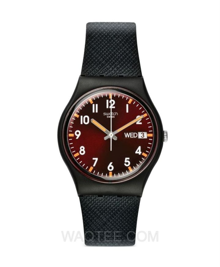 Swatch Sir Red Black Rubber Maroon Dial For Women 