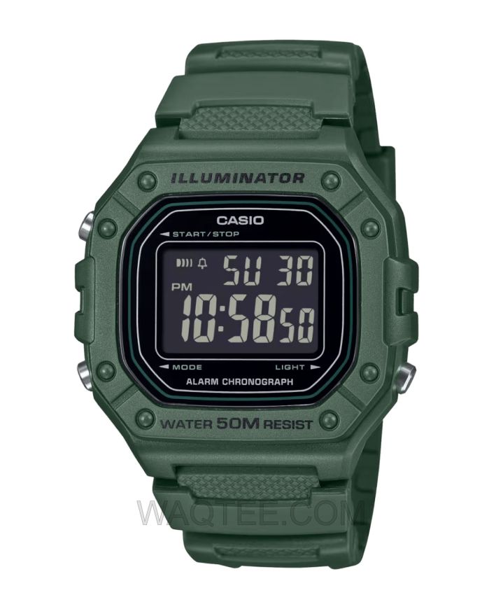 Casio W-218 Army Green Rubber Black Dial For Men