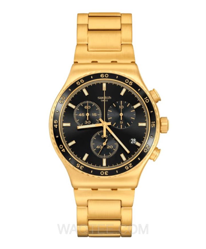 ساعة يد سواتش ( Holiday ) بأسوار ستانلس ستيل ذهبي وميناء اسود رجالية