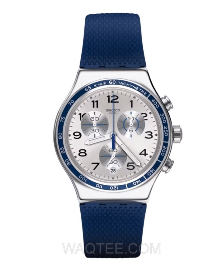 ساعة يد سواتش ( Frescoazul ) بأسوار مطاطي كحلي وميناء فضي رجالية